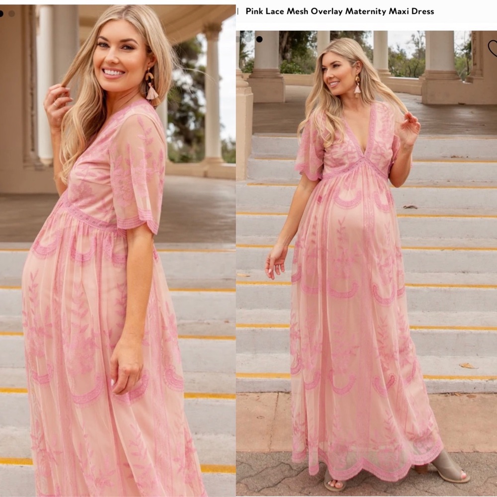 PINKBLUSH Light Pink Lace Mesh Overlay Maxi Dress size M Maternity Like NEW +tag